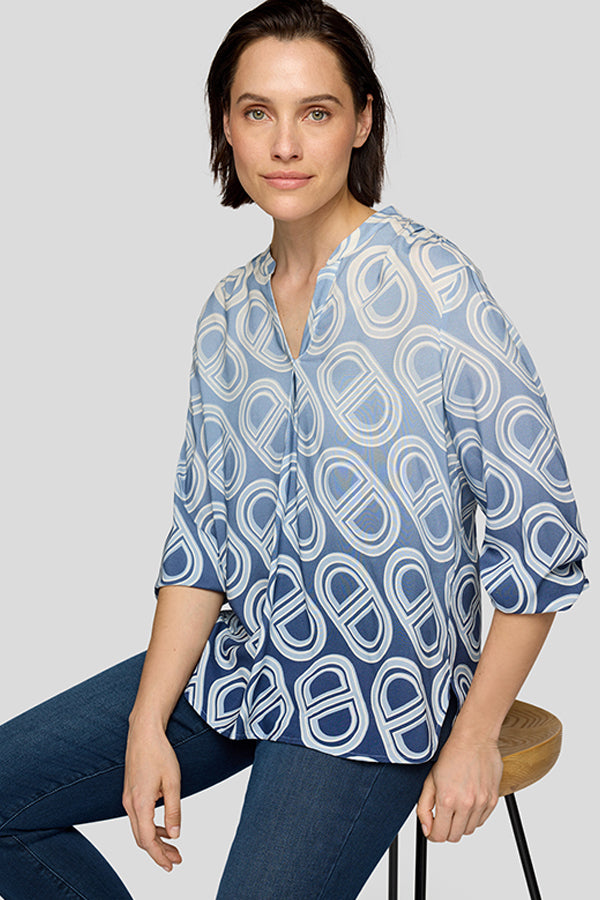 BLUE GEOMETRIC PRINT V NECK BLOUSE