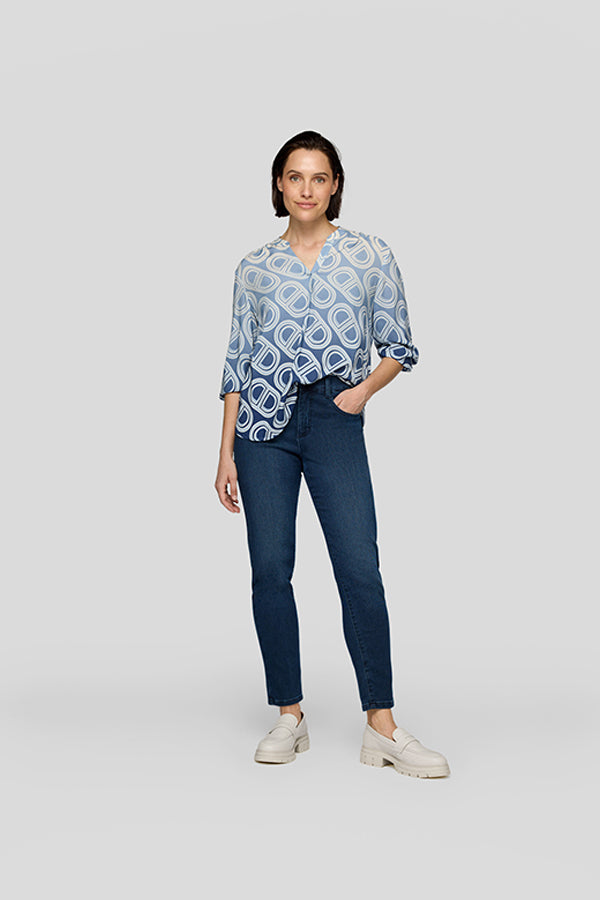 BLUE GEOMETRIC PRINT V NECK BLOUSE