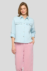 LIGHT WASH DENIM BUTTON-UP SHIRT