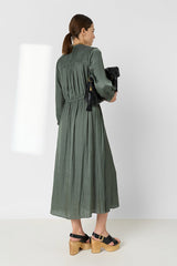 RUBIE SMOCKED SATIN MIDI DRESS