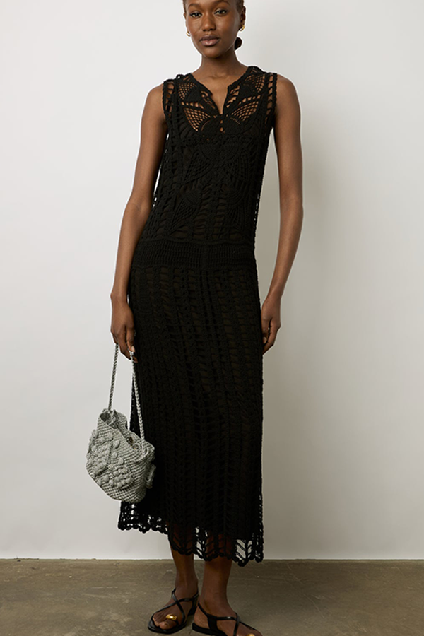 EDENA BLACK CROCHET MIDI DRESS