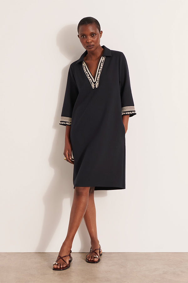 RUFLETTE EMBROIDERED KNEE LENGTH DRESS