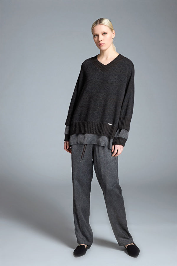 ELASTIC WAISTBAND DARK STRAIGHT-LEG TROUSERS