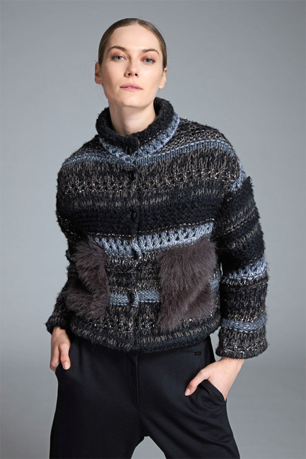 FUR-TRIMMED POCKETS STRIPED HIGH-COLLAR JACKET