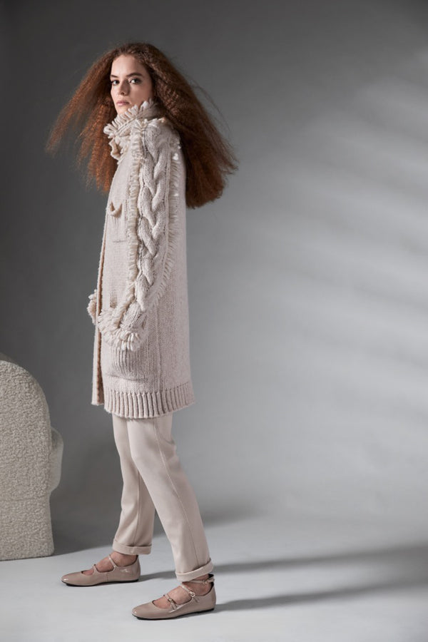 TEXTURED FRINGE DETAILING SIDE POCKETS COAT