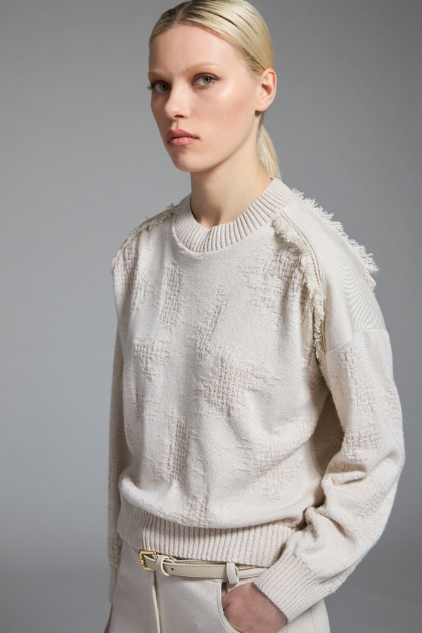 BEIGE TEXTURED  RIBBED CUFFS HEM KNIT SWEATER
