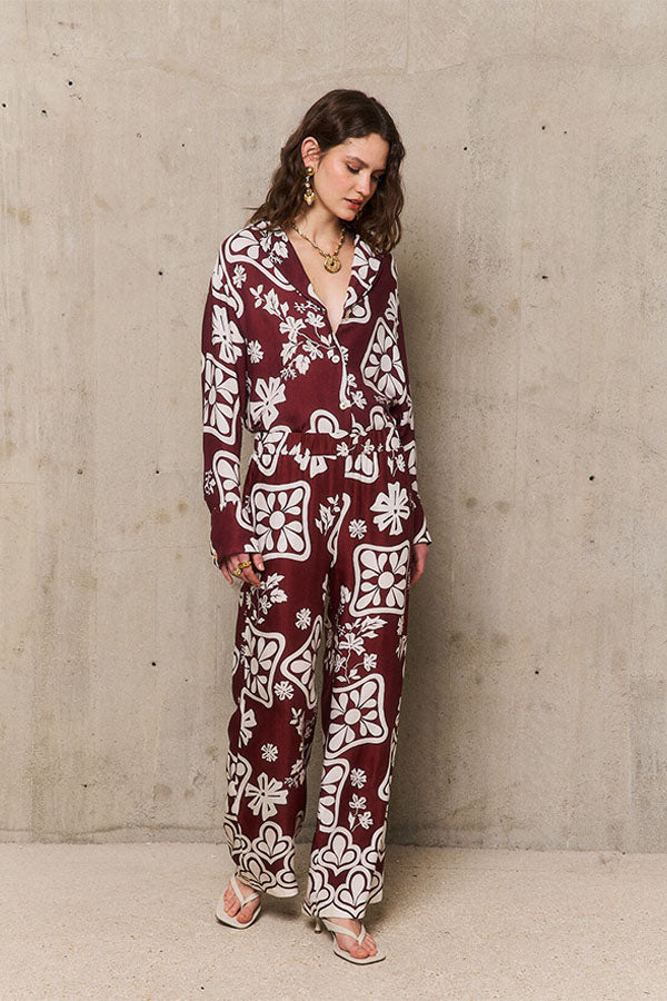STEPHANIE BURGUNDY PRINTED TROUSERS