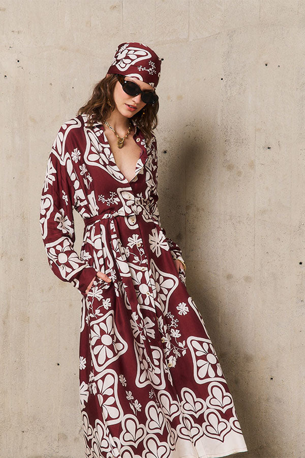 STEPHANIE BURGUNDY PRINTED SHIRT DRESS