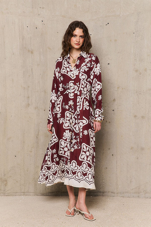 STEPHANIE BURGUNDY PRINTED SHIRT DRESS