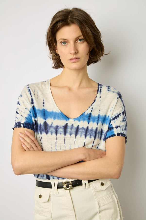 MELANE BLUE TIE-DYE LINEN T-SHIRT