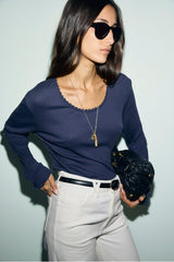 BONA INDIGO COTTON MODAL LACE TSHIRT