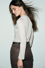 BELEN BEIGE V-NECK SATIN T-SHIRT