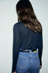 BELEN NAVY V-NECK SATIN T-SHIRT