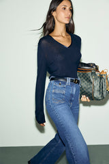 BELEN NAVY V-NECK SATIN T-SHIRT
