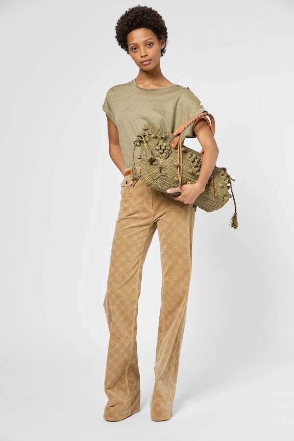 GIGI KHAKI GOLD-TONE BUTTONS LINEN T-SHIRT
