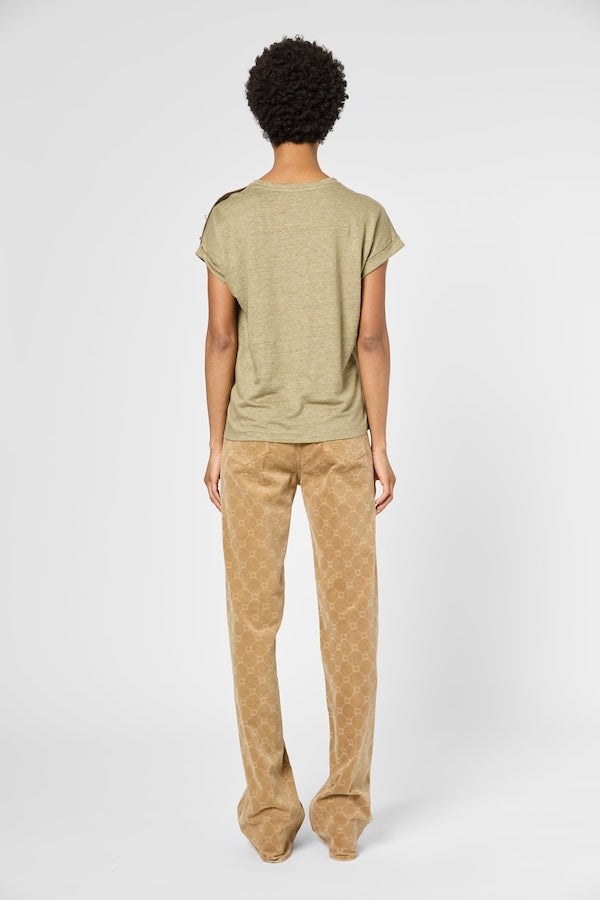 GIGI KHAKI GOLD-TONE BUTTONS LINEN T-SHIRT