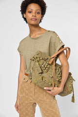 GIGI KHAKI GOLD-TONE BUTTONS LINEN T-SHIRT