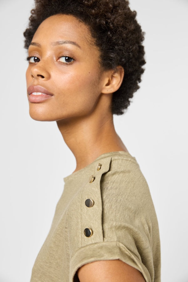 GIGI KHAKI GOLD-TONE BUTTONS LINEN T-SHIRT