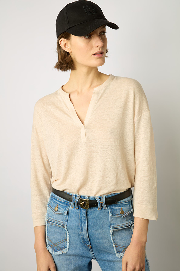 MADDIE BEIGE LINEN 3/4 SLEEVES T-SHIRT