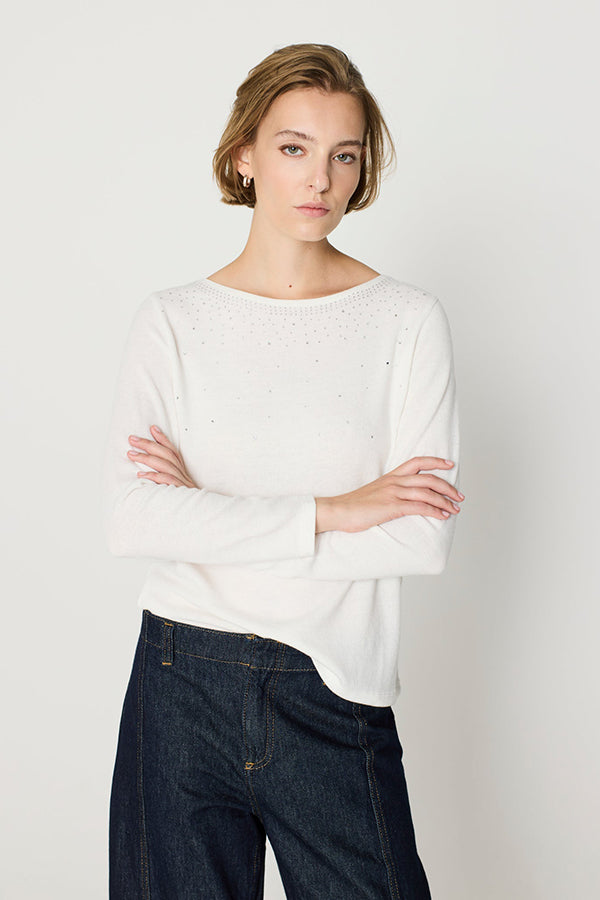 ECRU BEDAZZLED BOATNECK T-SHIRT