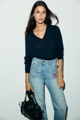 RACHEL NAVY FINE WOOL V-NECK SWEATER