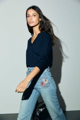 RACHEL NAVY FINE WOOL V-NECK SWEATER