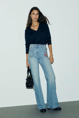 RACHEL NAVY FINE WOOL V-NECK SWEATER