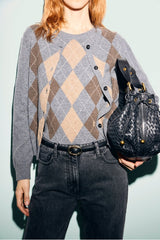 RELY GREY DIAMOND-PATTERNED WOOL CARDIGAN
