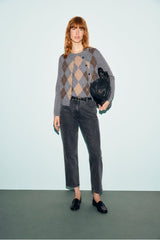 RELY GREY DIAMOND-PATTERNED WOOL CARDIGAN