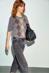REMA GREY SHORT-SLEEVED DIAMOND-PATTERNED SWEATER