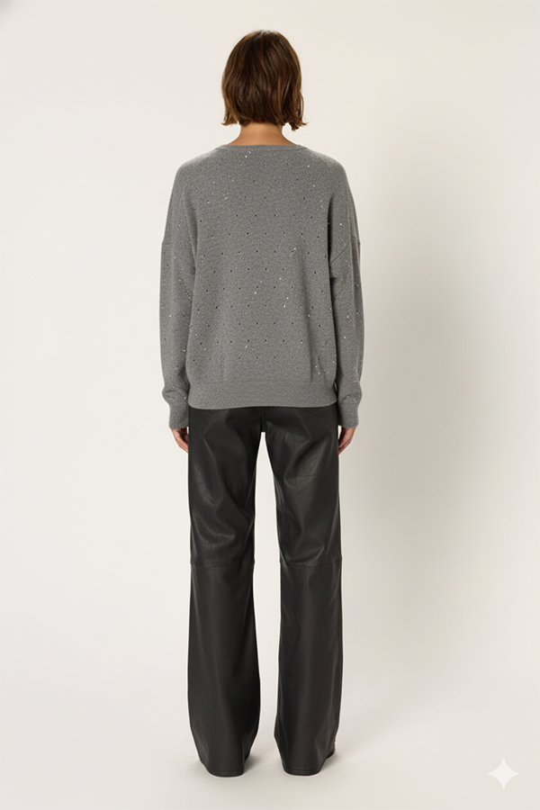 EDWIGE GREY V-NECK WOOL RHINESTONES SWEATER