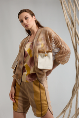 BEIGE CONTRAST UTILITY POCKETS MESH BOMBER JACKET