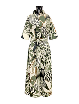 KAKI ABSTRACT PRINT BELTED MAXI DRESS