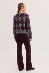ROXANE RED CONTRASTING DIAMOND PATTERNS SWEATER