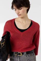 LYLOU RED LOOSE LINEN V NECK SWEATER