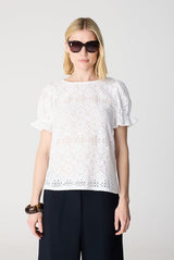 WHITE PUFFED SLEEVE TEXTURED T-SHIRT