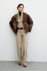 PAM BROWN DISTRESSED LEATHERHOODED JACKET