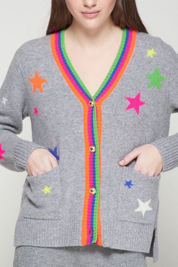 GREY V-NECK BRIGHT DETAILS CARDIGAN