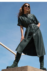 DARK GREEN STRAIGHT-FITTING ECO-LEATHER MIDI DRESS