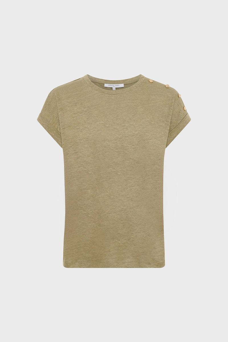 GIGI KHAKI GOLD-TONE BUTTONS LINEN T-SHIRT