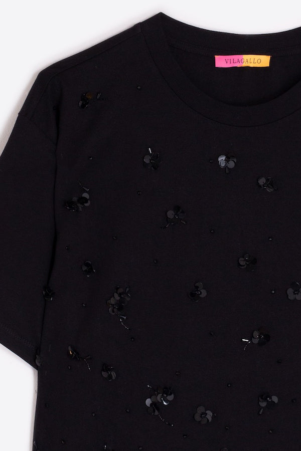 FLORAL SEQUINS BLACK T-SHIRT
