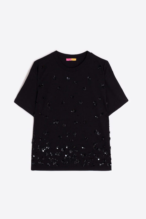 FLORAL SEQUINS BLACK T-SHIRT