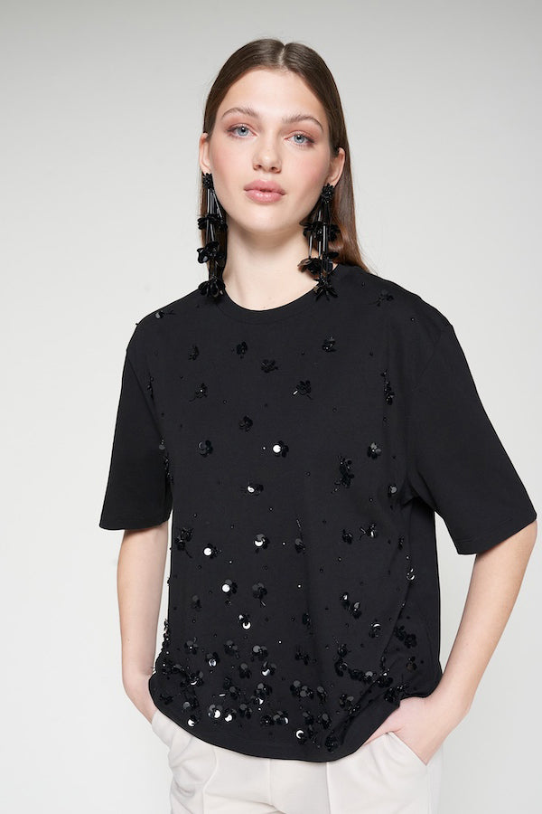 FLORAL SEQUINS BLACK T-SHIRT