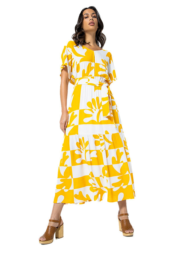 YELLOW PRINT LOOSE MIDI DRESS