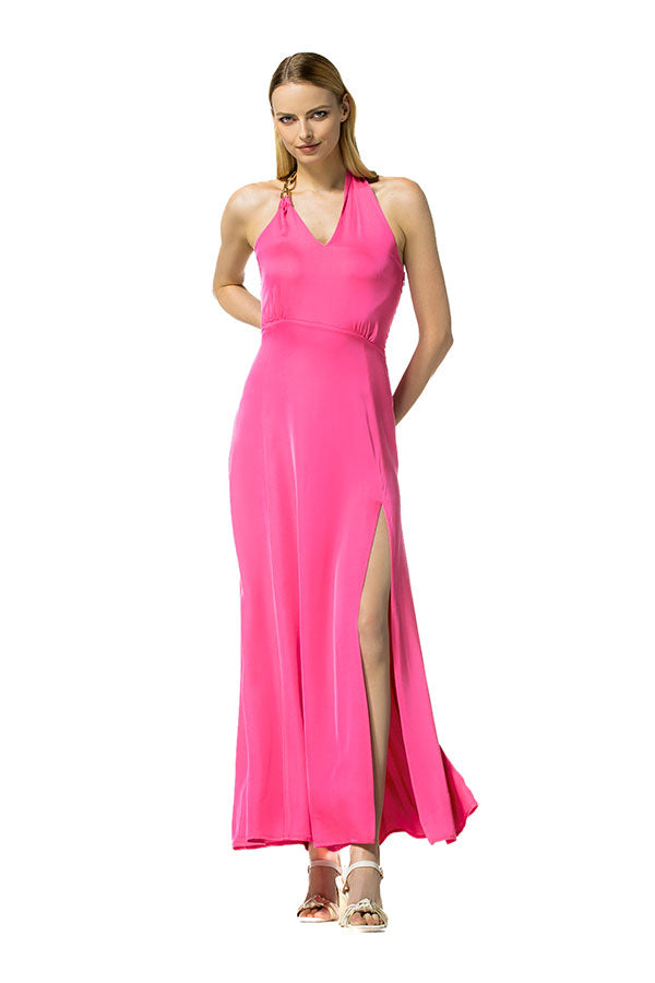 HOT PINK HALTERNECK SHINY MIDI DRESS