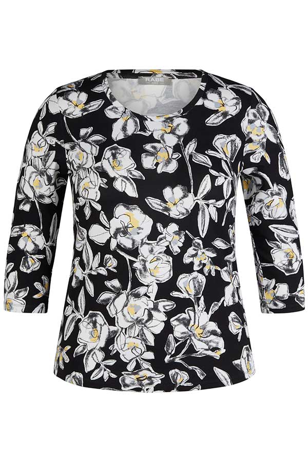 BLACK FLORAL PRINT 3/4 SLEEVE T-SHIRT