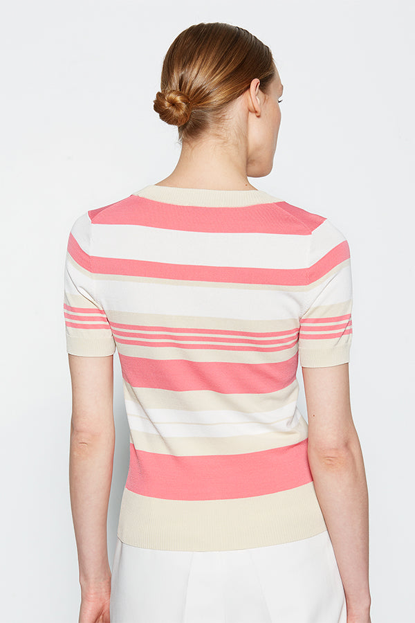 TRICOLOR PINK STRIPED ROUND-NECK SWEATER