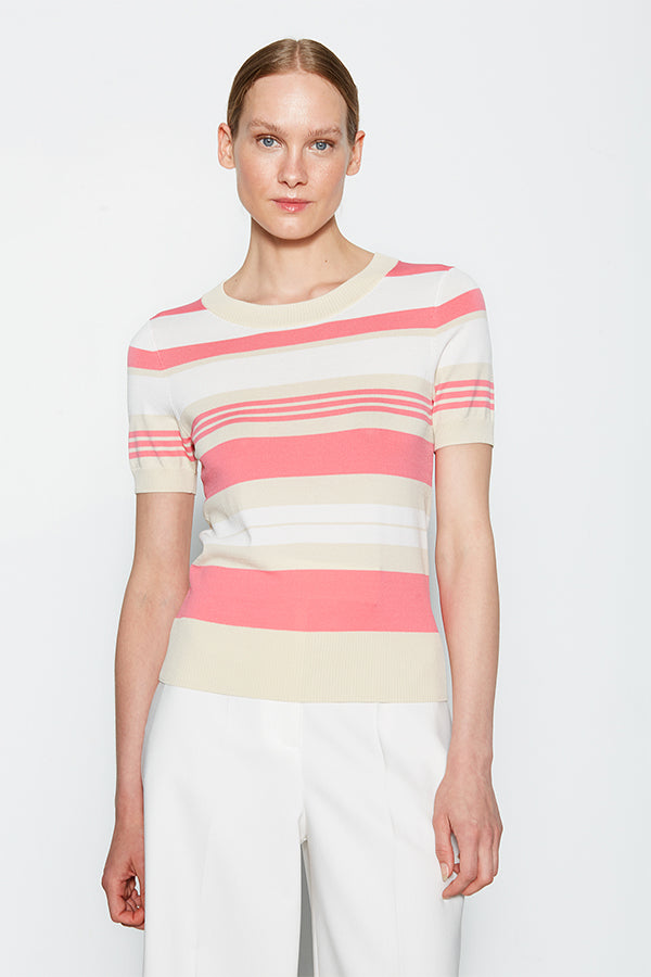 TRICOLOR PINK STRIPED ROUND-NECK SWEATER