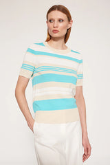 TRICOLOR TURQUOISE STRIPED ROUND-NECK SWEATER