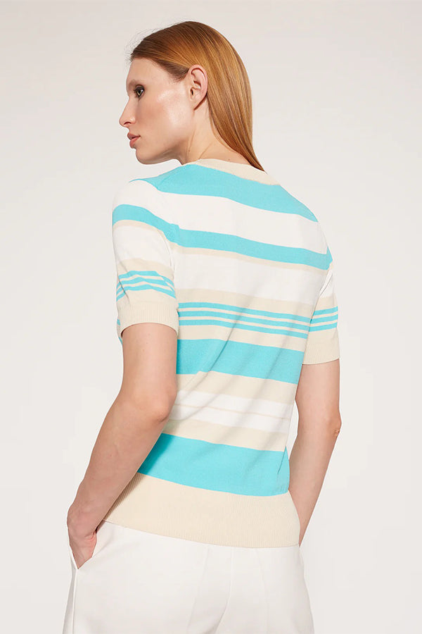 TRICOLOR TURQUOISE STRIPED ROUND-NECK SWEATER